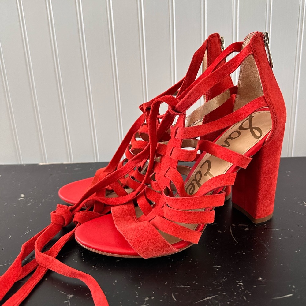 Sam Edelman Yarina Sandal - Lace Up Suede Heels - Red - W7.5